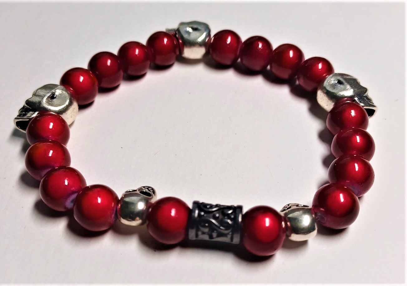 Biker Skull Red Beaded Bracelet 7.5 inch Stretchy