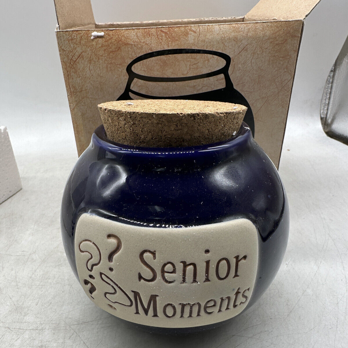Muddy Water Ceramic Pottery Word Jar "Senior Moments" Cork Lid New in Box