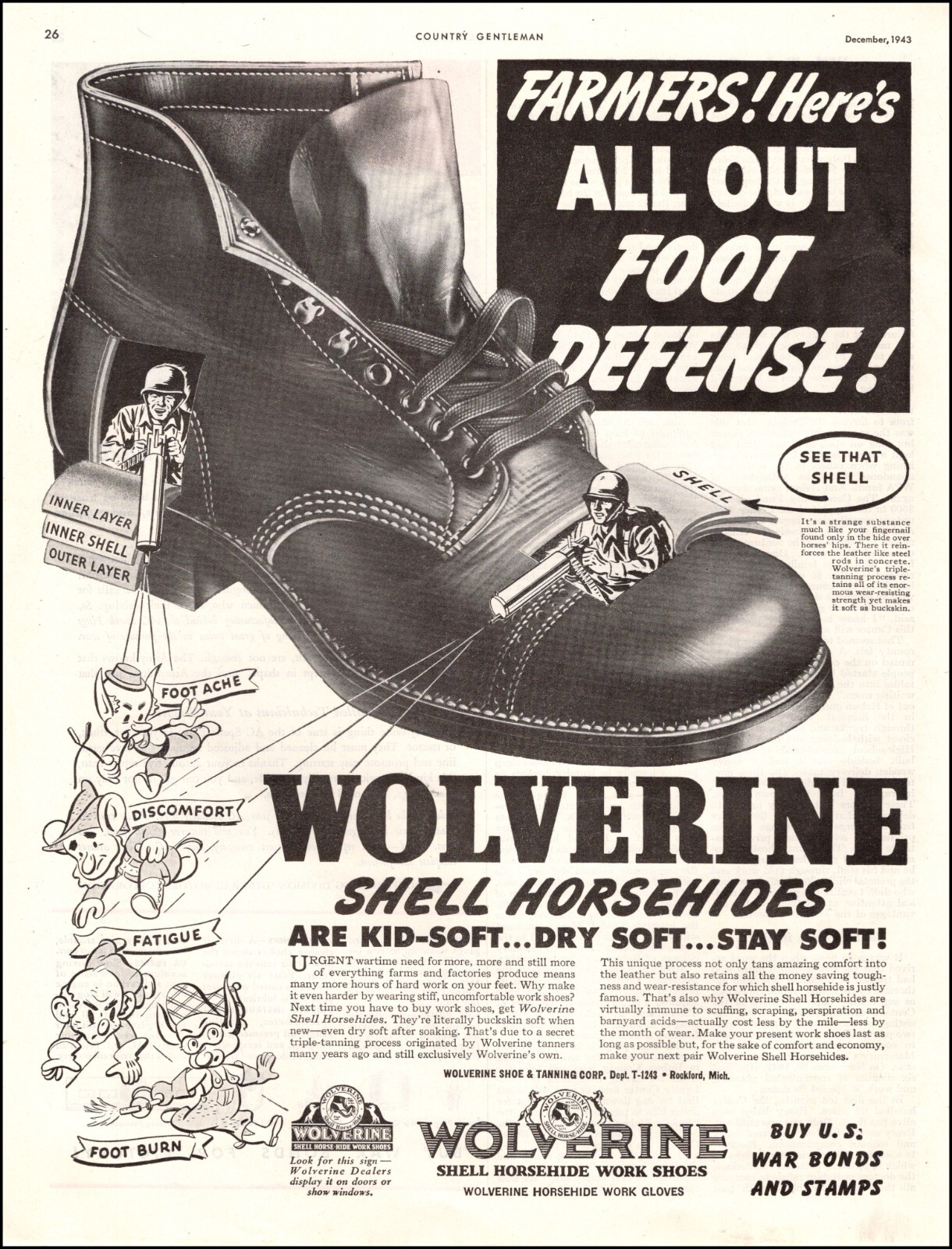 1944 WW2 AD for WOLVERINE Shell Horsehide Shoes , Farmers Foot Defense 122522