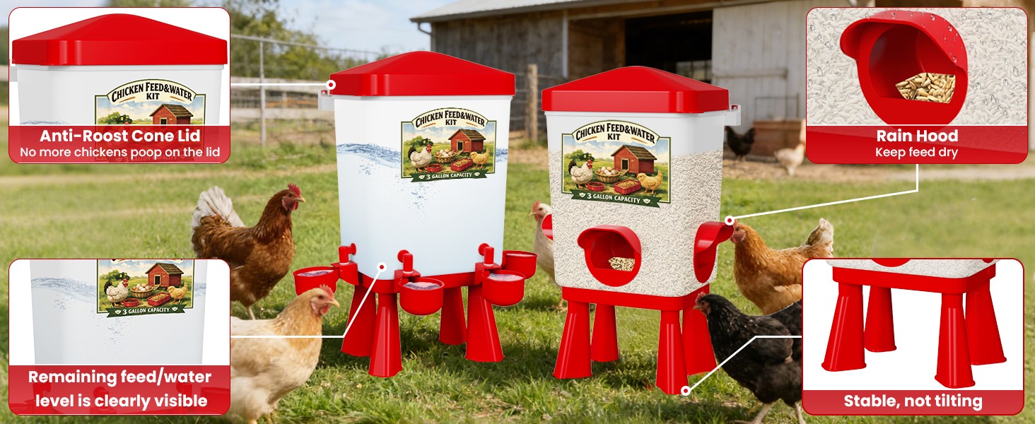 Chicken Feeder and Waterer Set, 3 Gallon/16 LB Automatic Poultry Feeding System