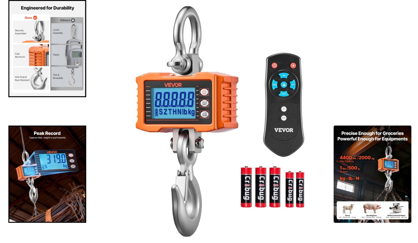 Vevor Digital Crane Scale 4400 Lb 2000 Kg Hanging Scale Lcd Remote