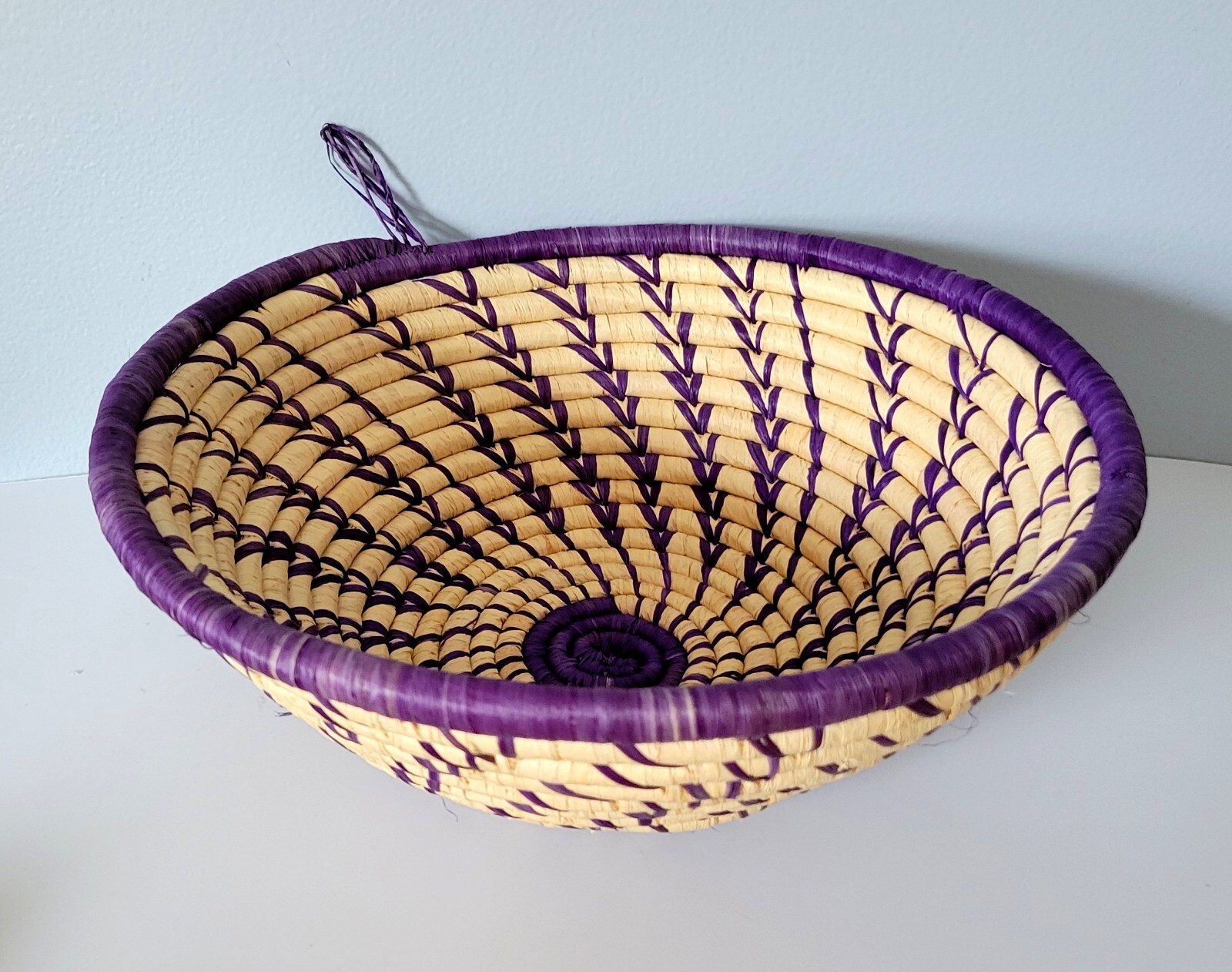 African Ugandian Hand Woven Coiled Grass 11.25" Hanging Basket Purple & Tan