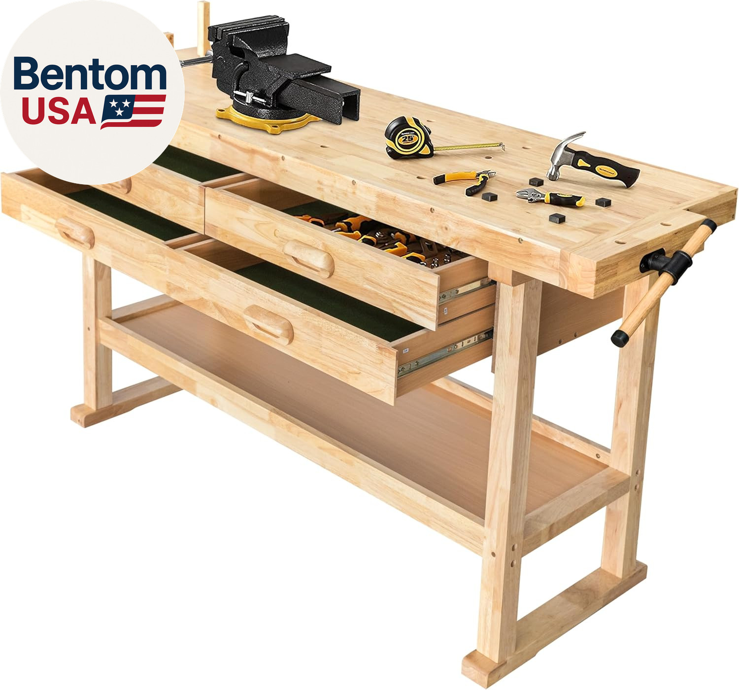 60-Inch Rubber Hardwood Workbench with 4-Drawers - 450Lbs Weight Capacity Heavy