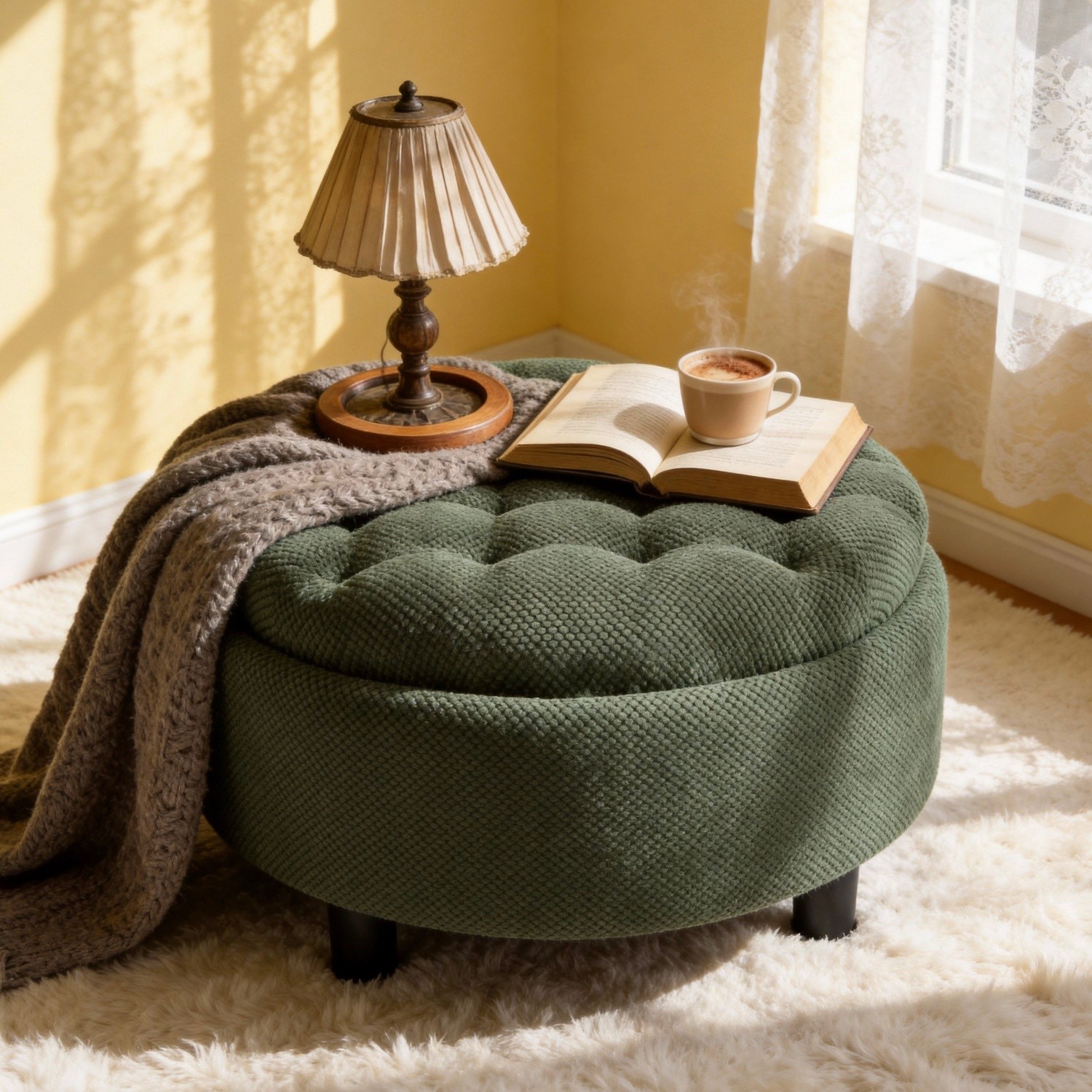 Modern Round Upholstered Ottoman w/ Flip-Top Tray & Storage 2in1 Space-Saving