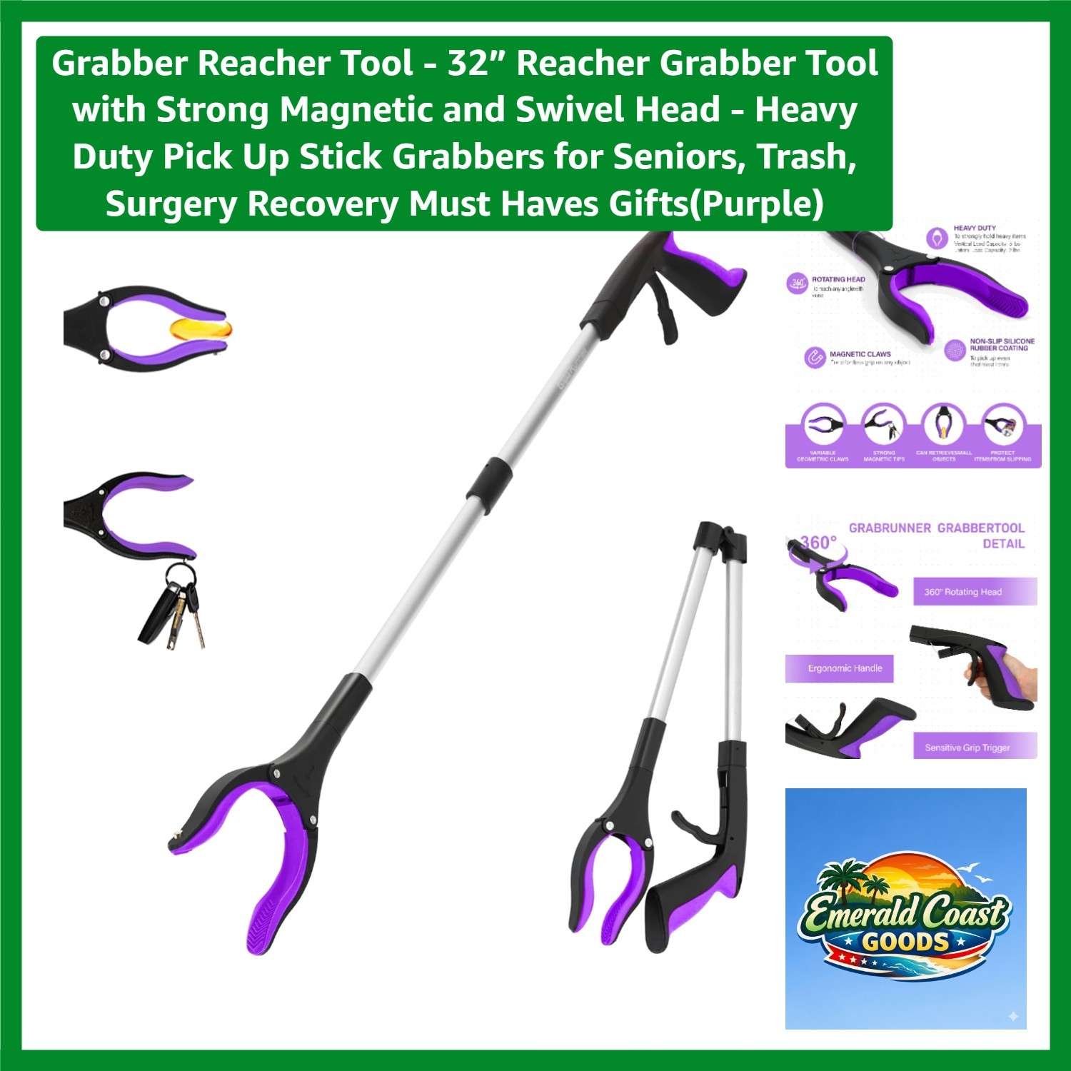 Grabber Reacher Tool - 32” Reacher Grabber Tool with Strong Magnetic and Swiv...