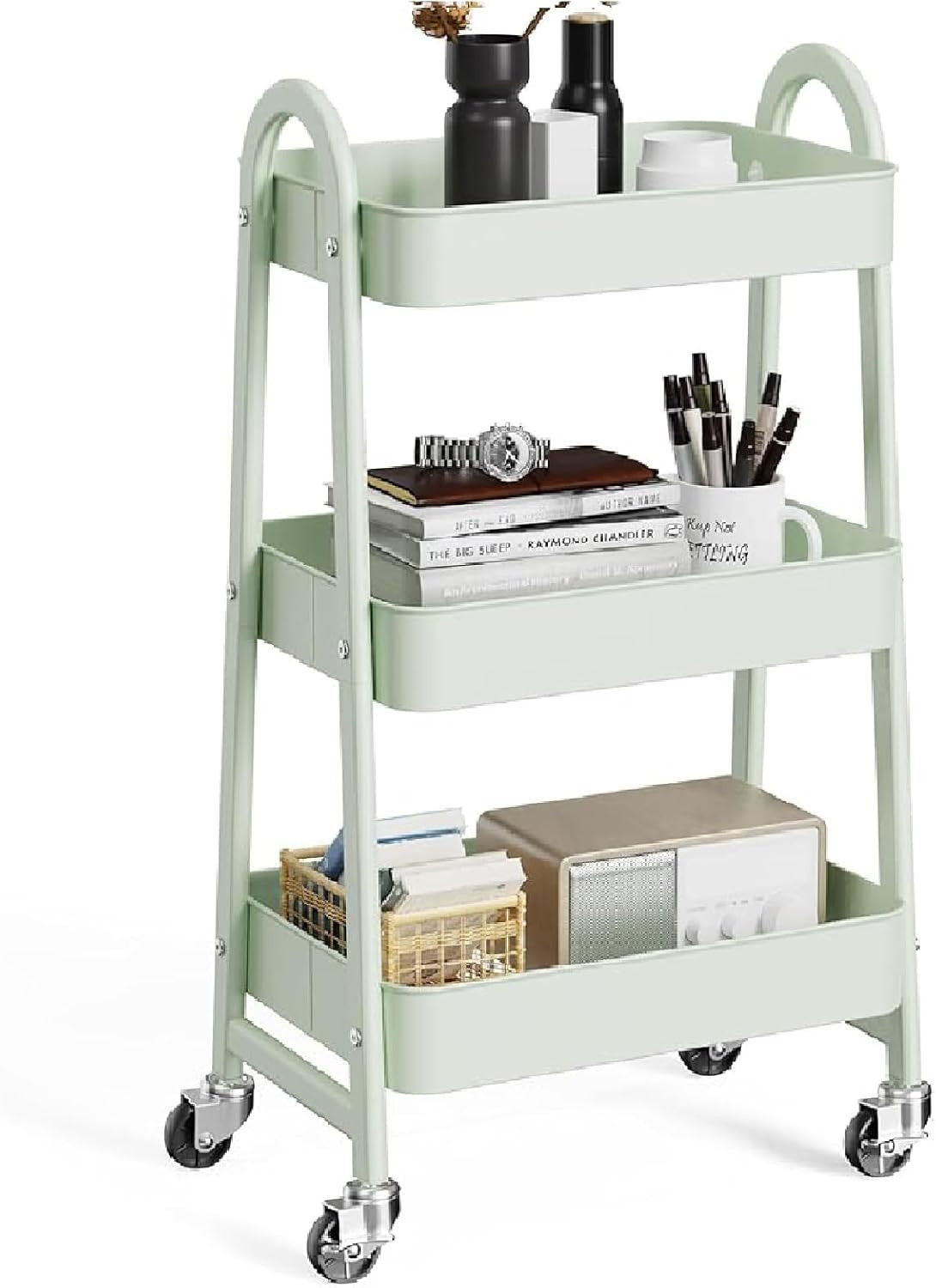 Metal 3 Tiers Utility Rolling Cart with Lockable Caster Wheels, Mobile Storage S
