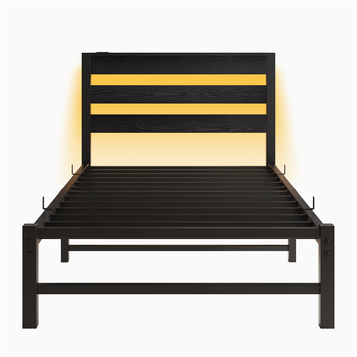 Twin Size Bed Frame Metal Platform Bed with LED Lights & Charging Station US
