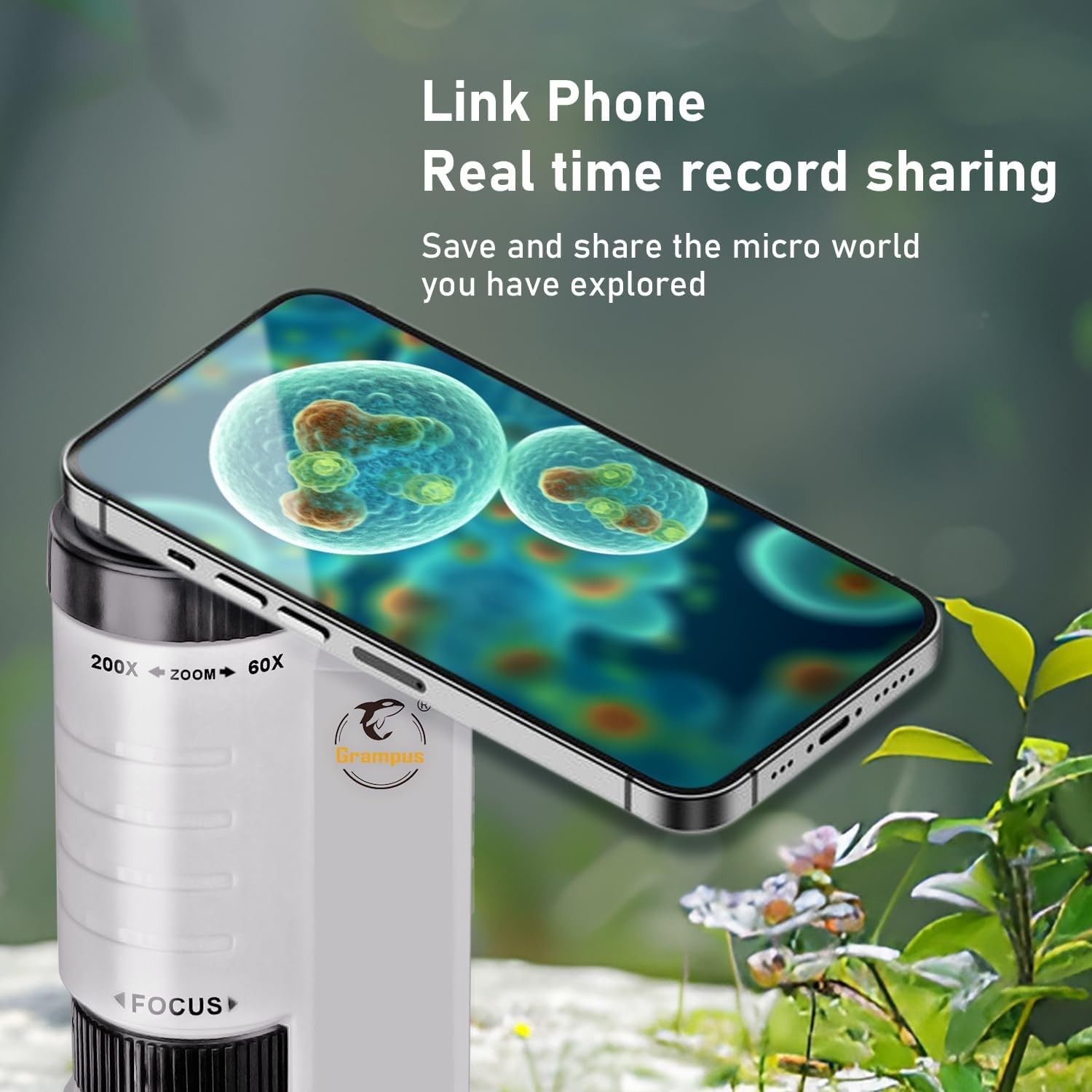Grampus 60x-200x LED Pocket Microscope Portable Handheld STEM Toy for Kids Adult