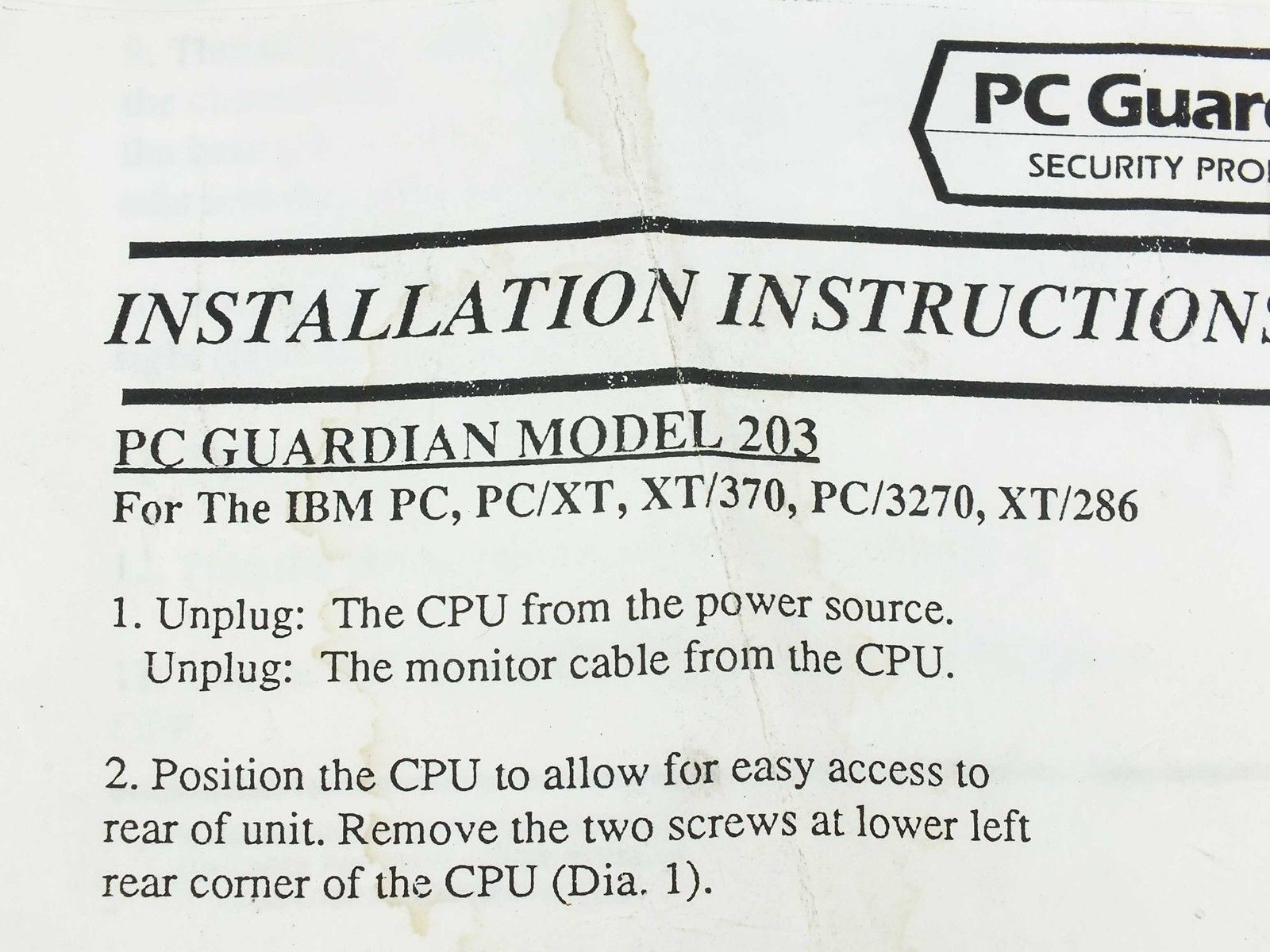 Micro Security Devices Model 203 PC Guardian for IBM PC, PC/XT, XT370, 3720, 286