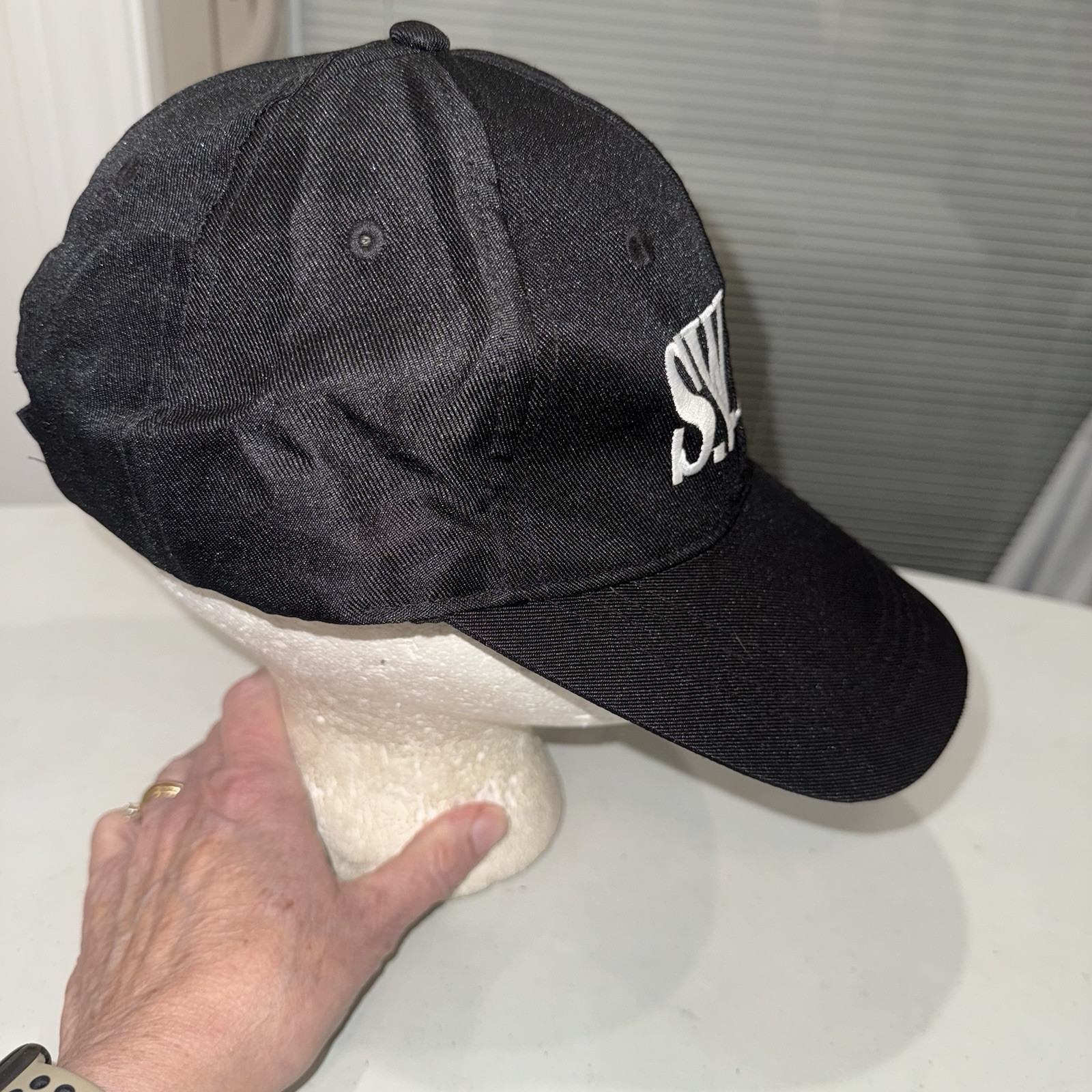 S.W.A.T. White Letters on Black Nylon Poly Hat Cap Hook Loop EUC
