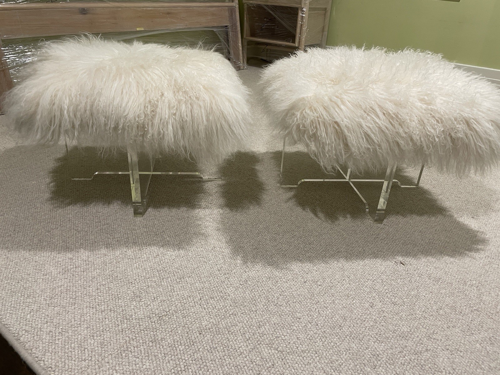 Jonathan Adler Mongolian Lamb Bench Acrylic Base Upholstered White Fur