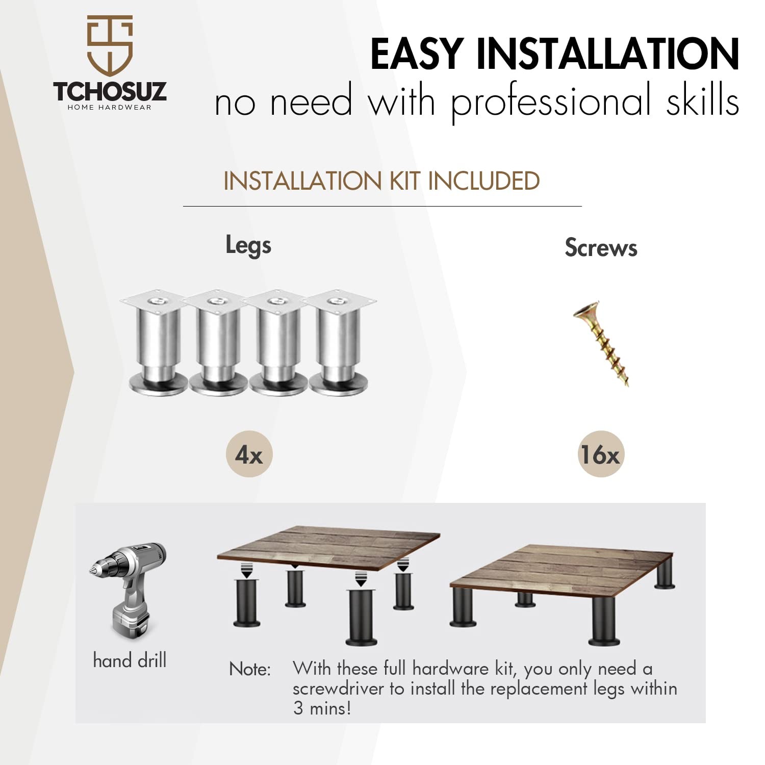 TCHOSUZ 8 Inch Heavy Duty Mental Furniture Legs, 4 Pack 20 cm Stainless Steel...