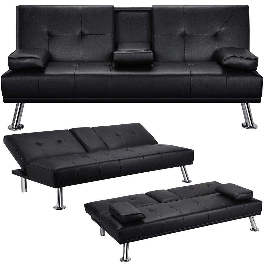Faux Leather Sofa Bed Convertible Futon Sofa with 2 Throw Pillows Cup Holders
