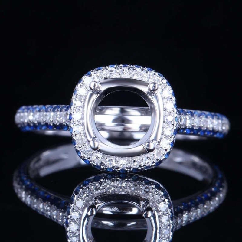 6mm Round Shape Semi Mount Halo Ring Blue Sapphire & CZ Accent Wedding Ring
