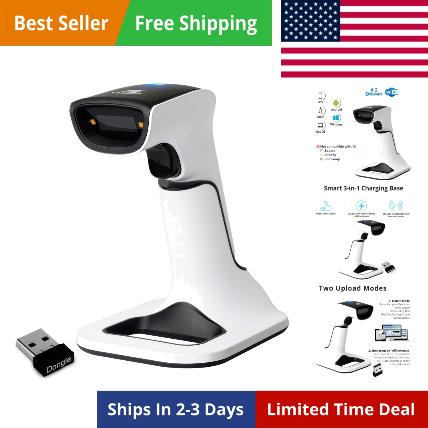 Wireless Portable 1D&2D with Stand Bluetooth Barcode Scanner: 3-in-1 Handheld...