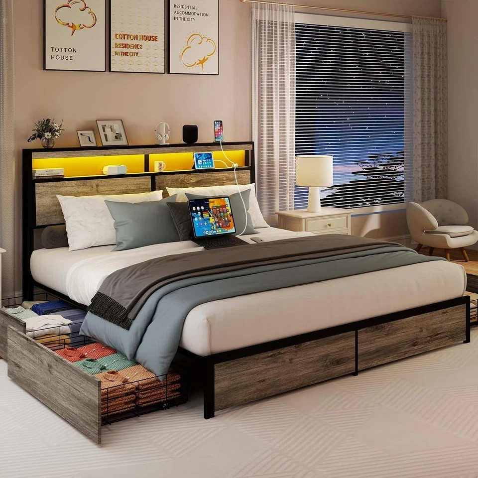 Full Queen King Bed Frame with Storage Headboard ,Charging Station & LED Lights
