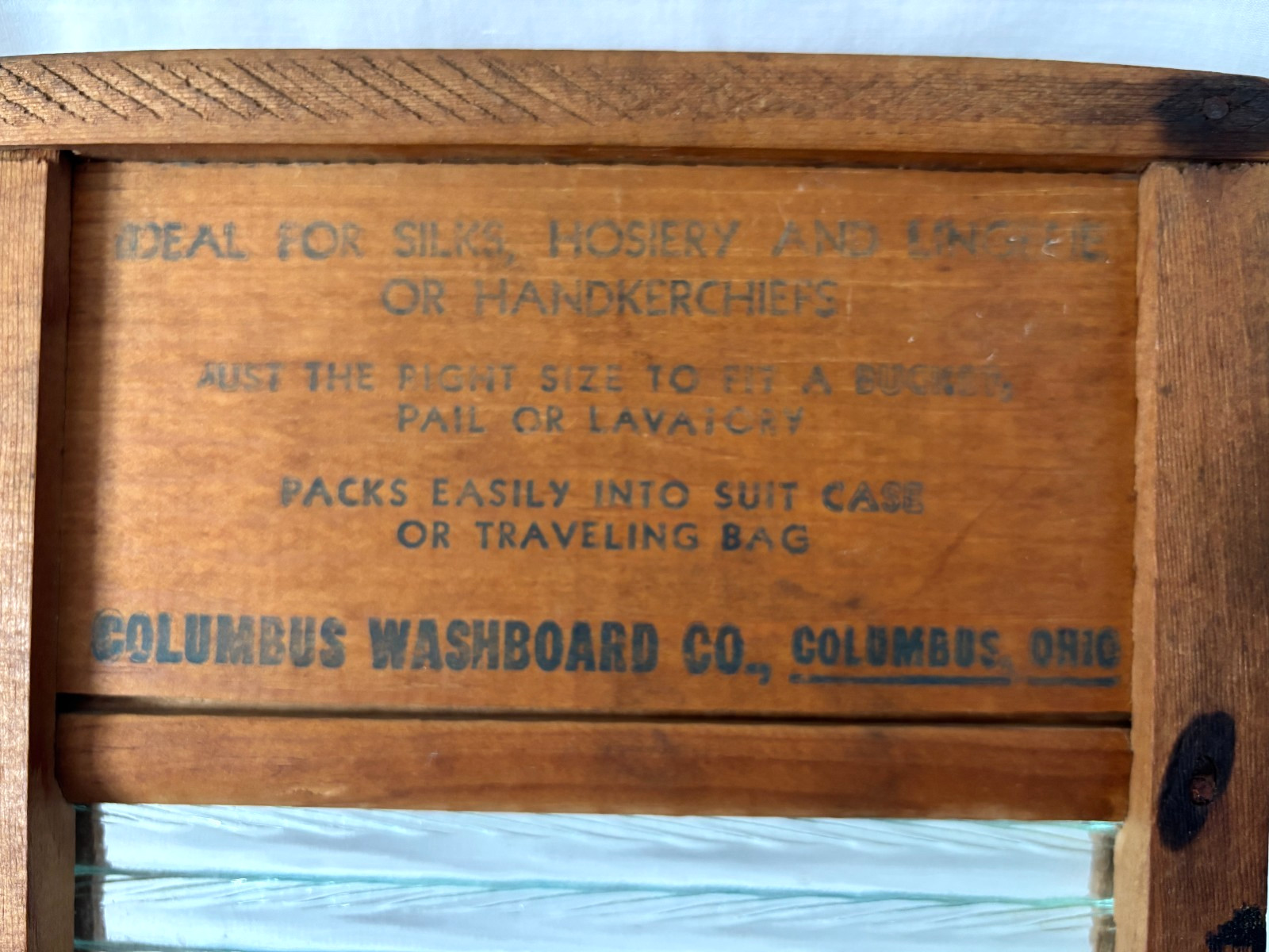 Vintage Home Aide Wood Washboard Glass Ribs Columbus Washboard Co. "Travel Size"