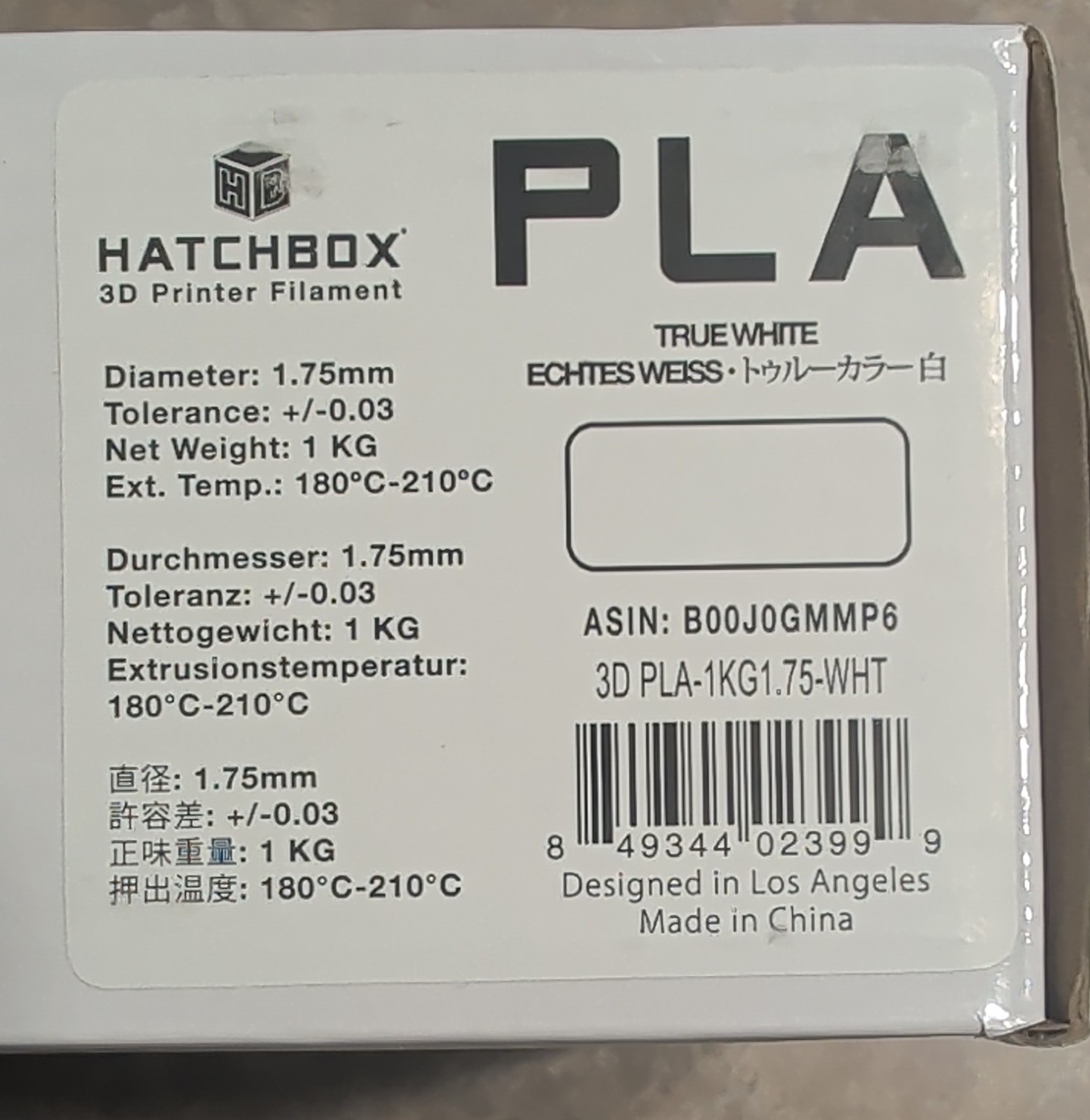 Hatchbox PLA 1.75mm Filament for 3D Printer 1 KG Per Spool - White