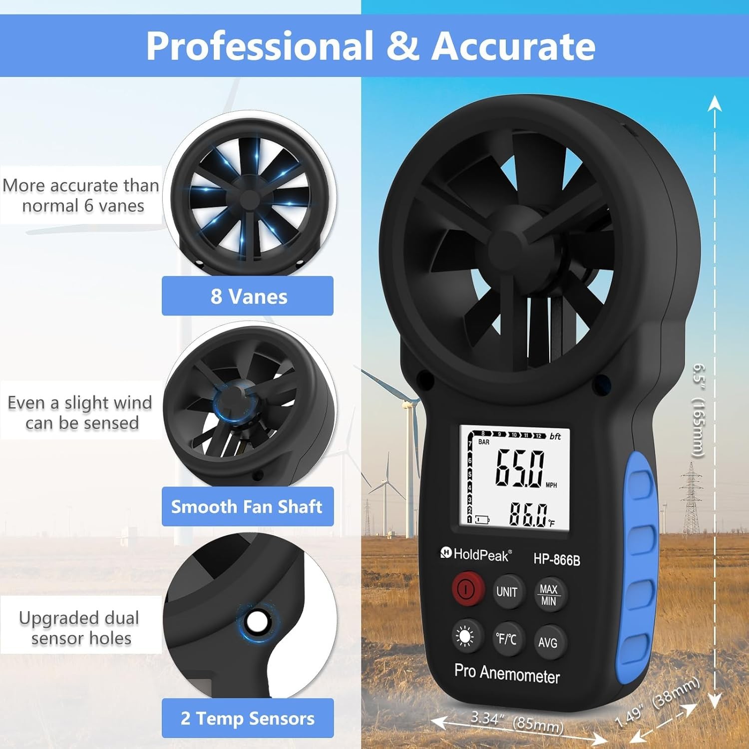 Professional HoldPeak 866B Digital Anemometer - Wind Speed & Temperature Gauge