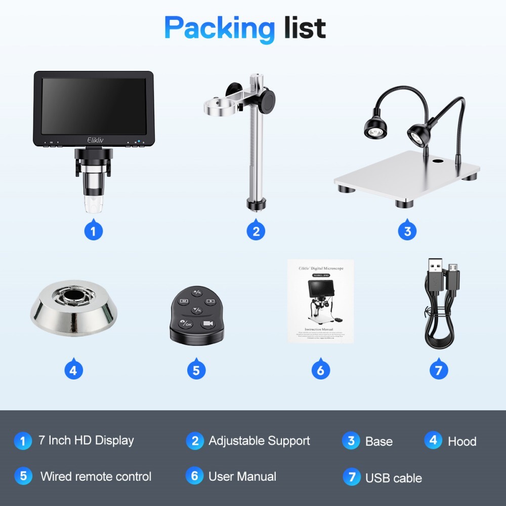 Elikliv USB Digital Microscope 1200X 7" LCD 1080P HD Camera Soldering microscope