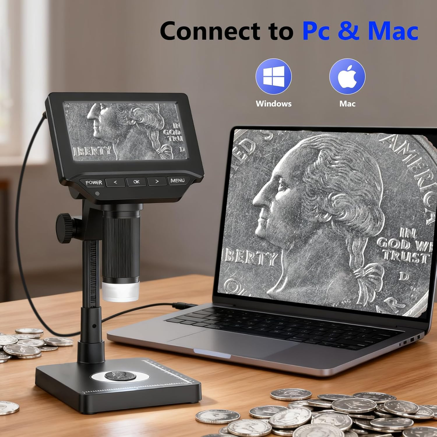 Digital Microscope,4.3" Digital Coin Microscope with Screen,With 8 Adjustable LE