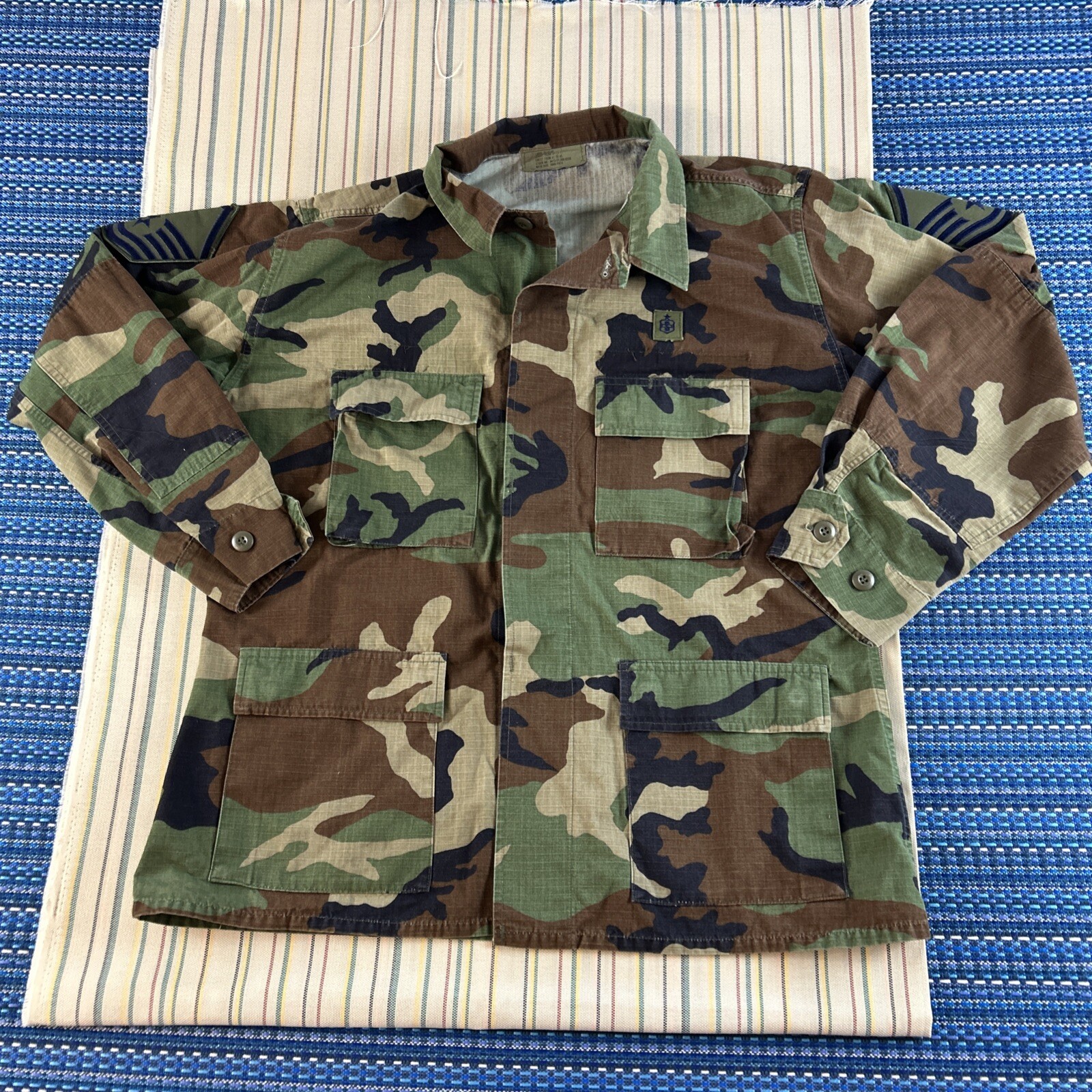 US Military Woodland Camo Shirt Mens Large Regular PATCHES Hot Weather #7727