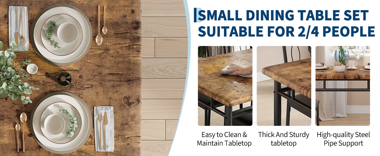 Space-Saving Dining Table Set for 2 – 3-Piece Farmhouse Wooden Table &