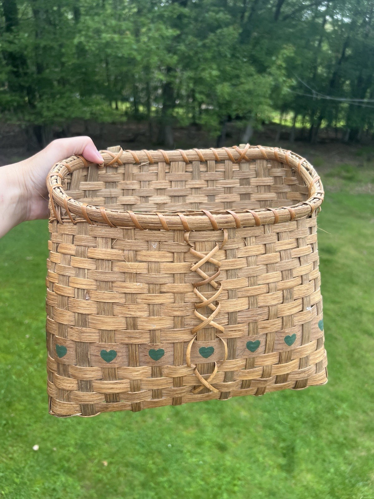 Vintage Cottage Hearts Basket 12” X 10” X 4.5" Signed 1996 Barbara