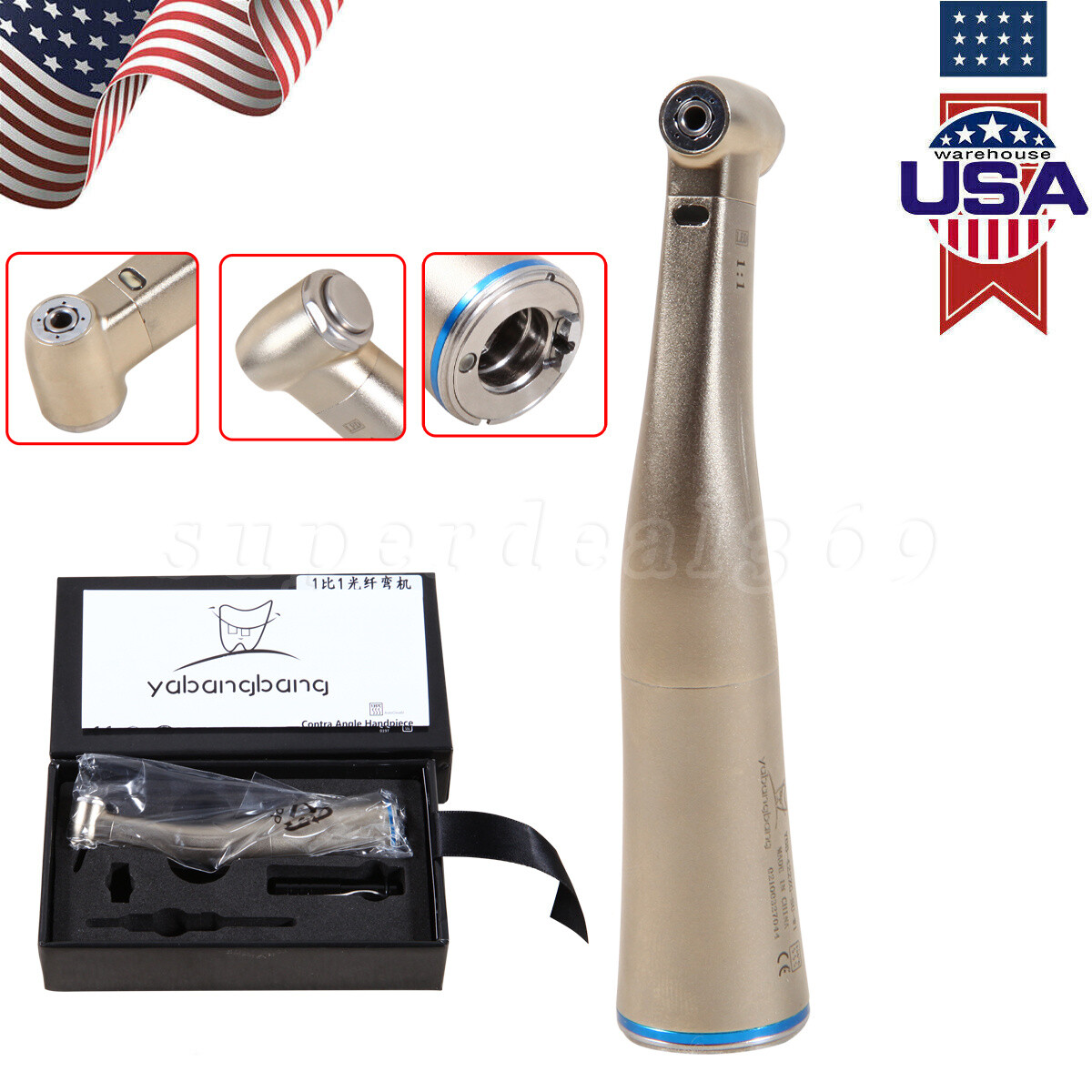 Nsk Style Dental 1:1 Fiber Optic LED Contra Angle Slow Low Speed Handpiece YBB