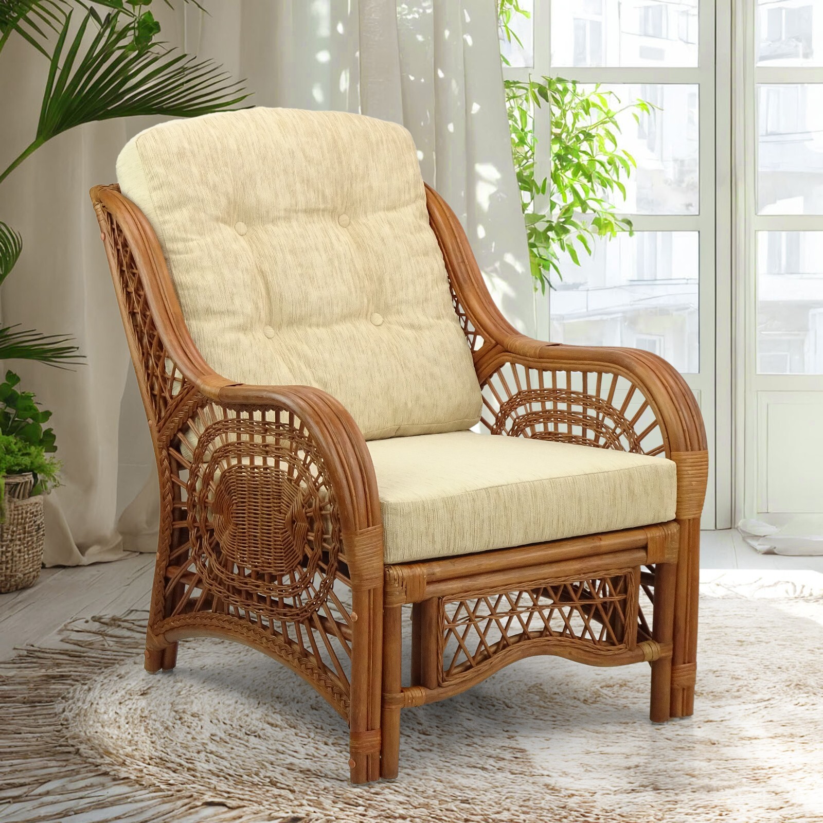 Malibu Design Handmade Rattan Wicker Lounge Chair with Cushions