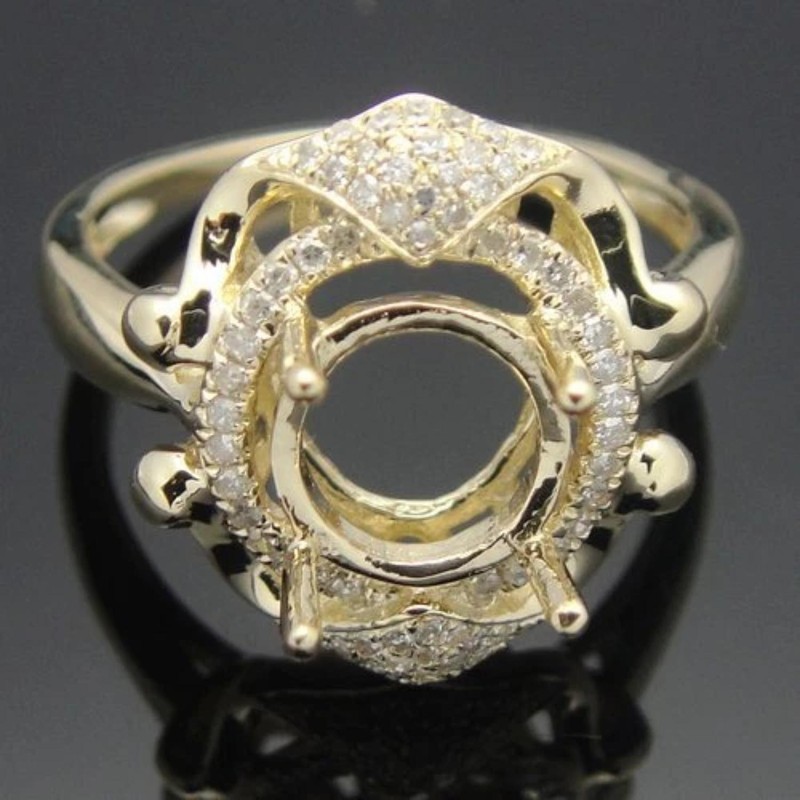 7mm Round Halo Semi Mount Ring Pave Accents 925 Sterling Silver Yellow Gold