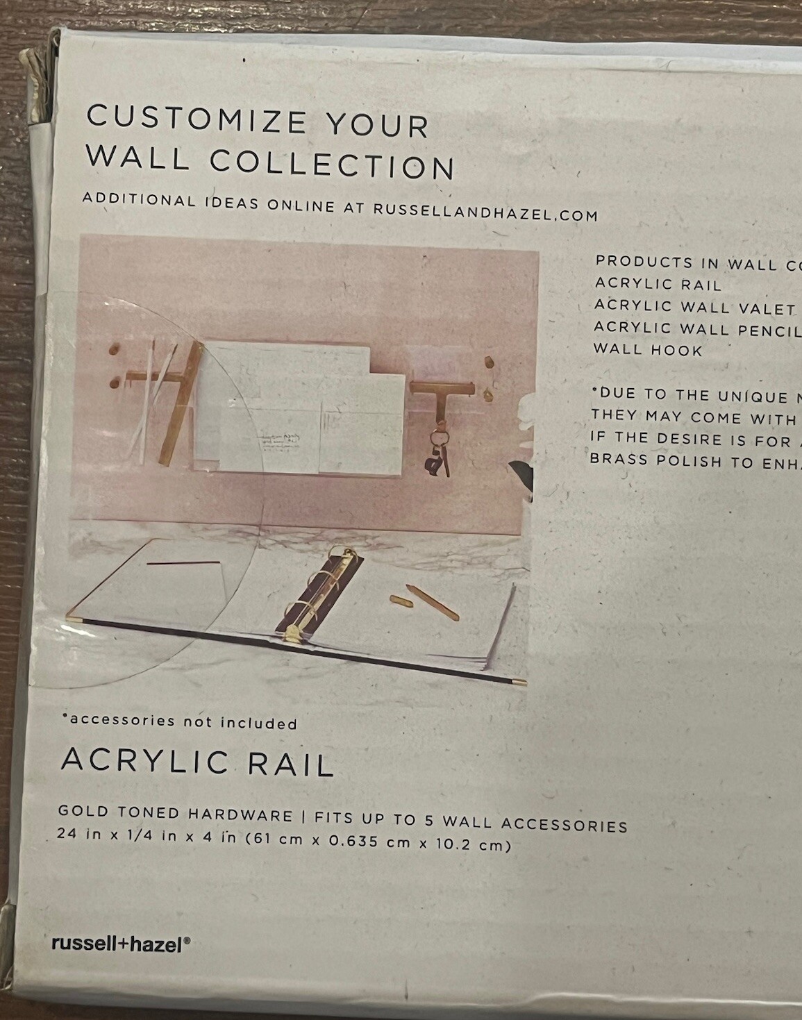 Russell+Hazel Rail Transparent Acrylic with Gold Tone Hardware 24”x4”x.25” NEW