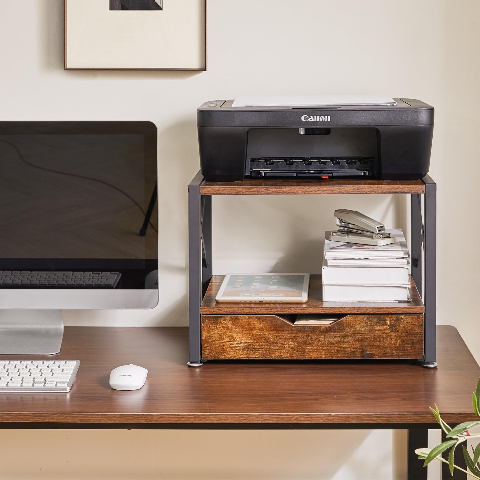 2 Tier Desktop Printer Stand,Multi-Purpose Desk Organizer,Wooden Printer Stan...