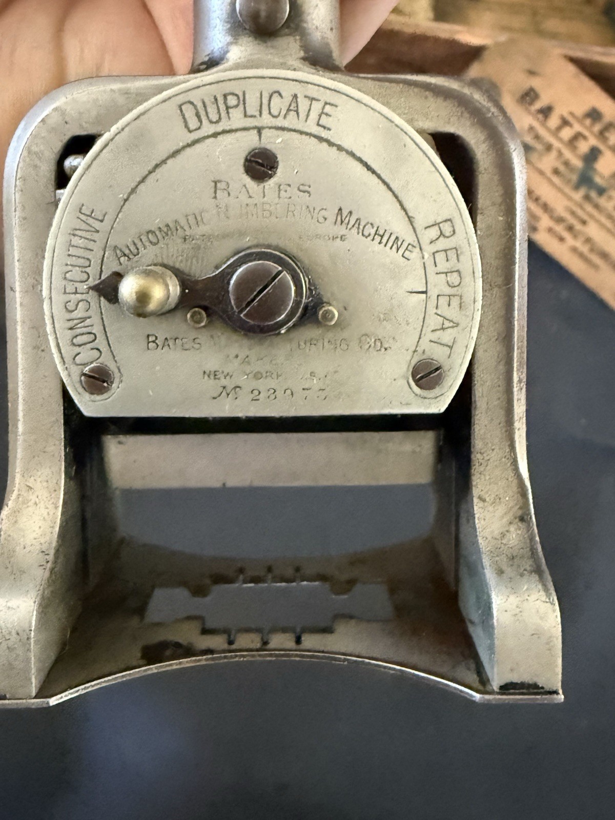 Vintage Bates Automatic Numbering Machine 4 Wheel Style E w/ Wood Box Tag