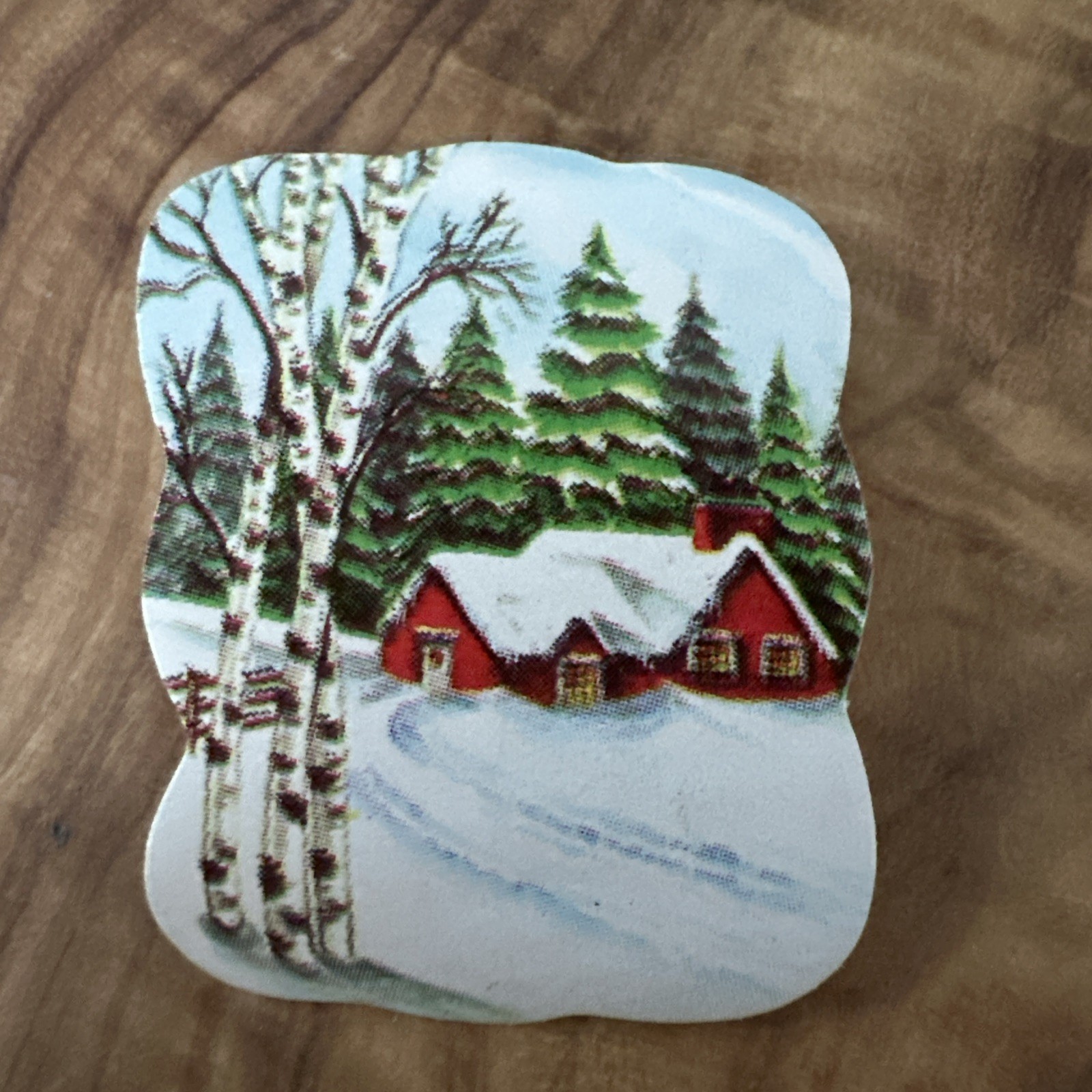 Vintage MCM Paper Die Cut Snowy Cabin Birch Tree Cutout 1950s Christmas Lot 36