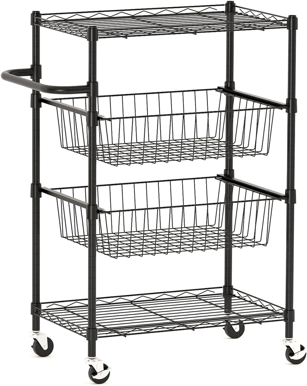 4-Tier Kitchen Cart Rolling Storage Utility Cart w/ Handle & 2 Removable Baskets
