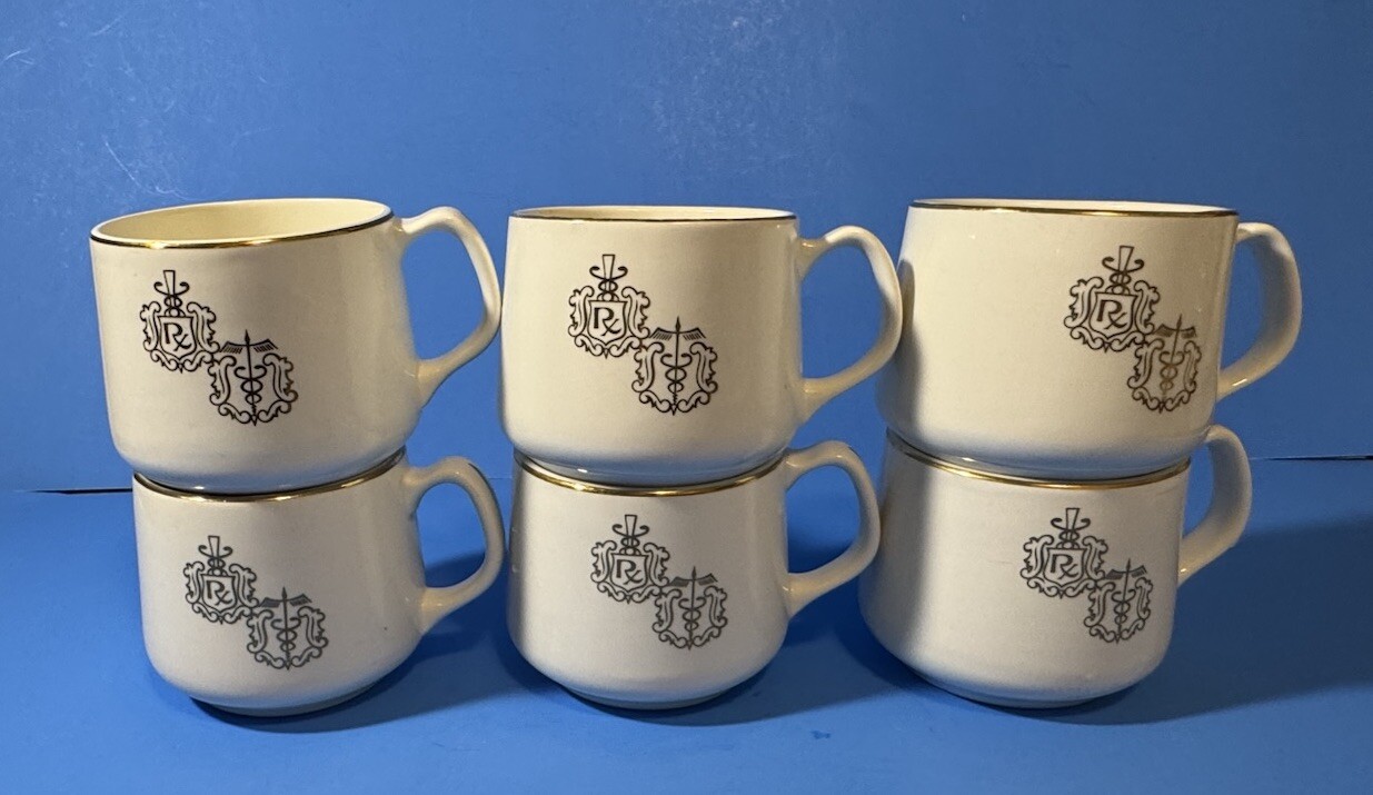 Ultra Rare Gold Leaf Medical Pharmaceutical Apothecary Coffee Mugs Set 6