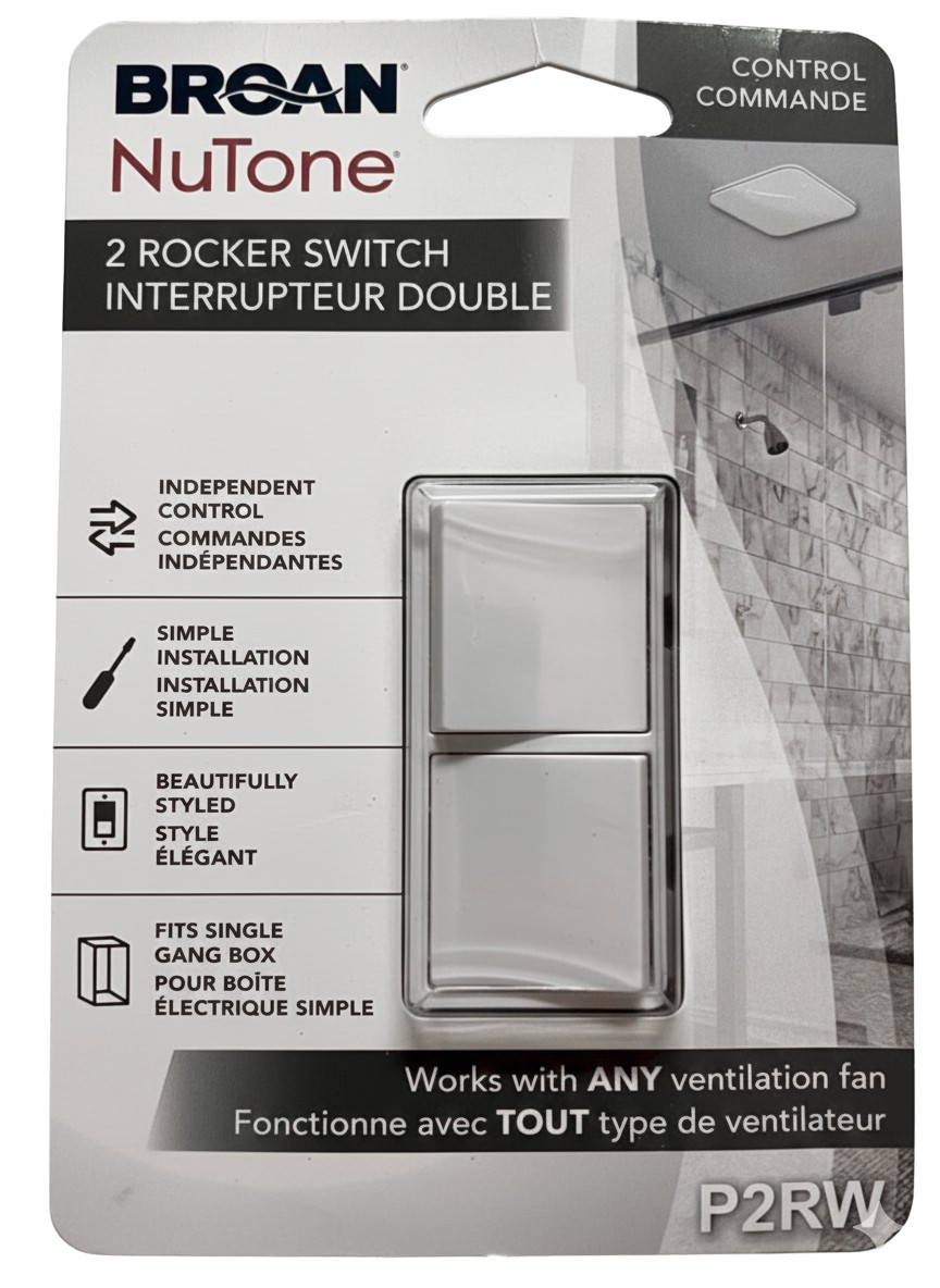 Broan NuTone P2RW White Control 2 Rocker Light Switch & Ventilation Fan NEW