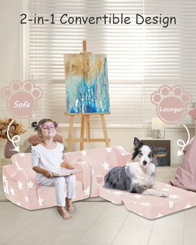 Toddler Couch, Kids Couch for Toddler Fold Out, 2-in-1 Convertible Kid Pink