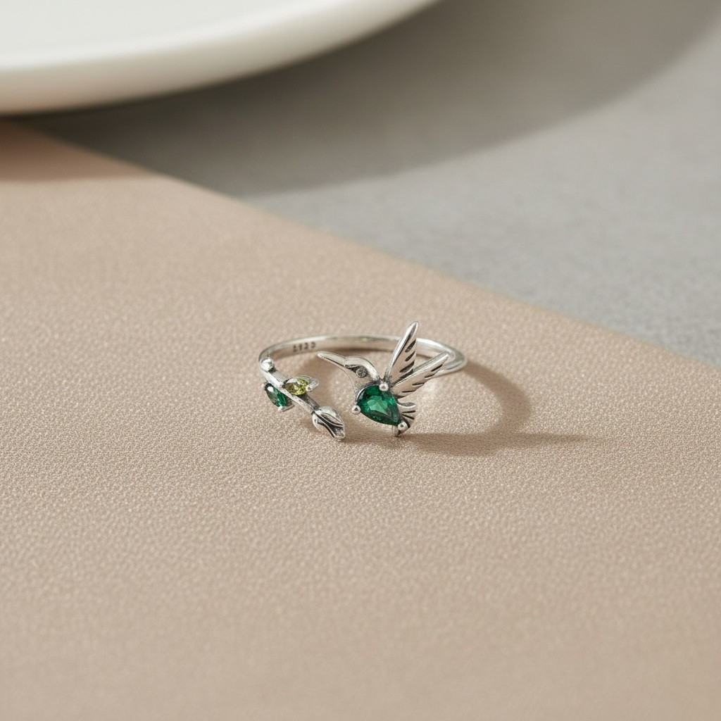 Hummingbird Ring: Sterling Silver Rose Flower Leaf Wrap, Adjustable Band