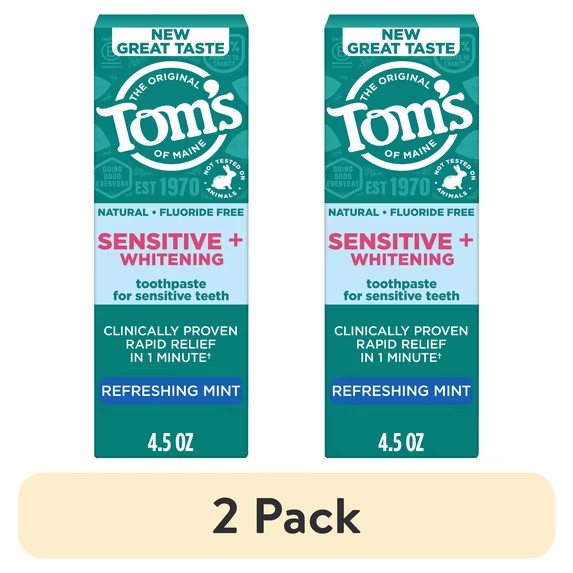 (2 pack) Tom’s of Maine Sensitive Plus Whitening , Refreshing Mint, 4.5 oz