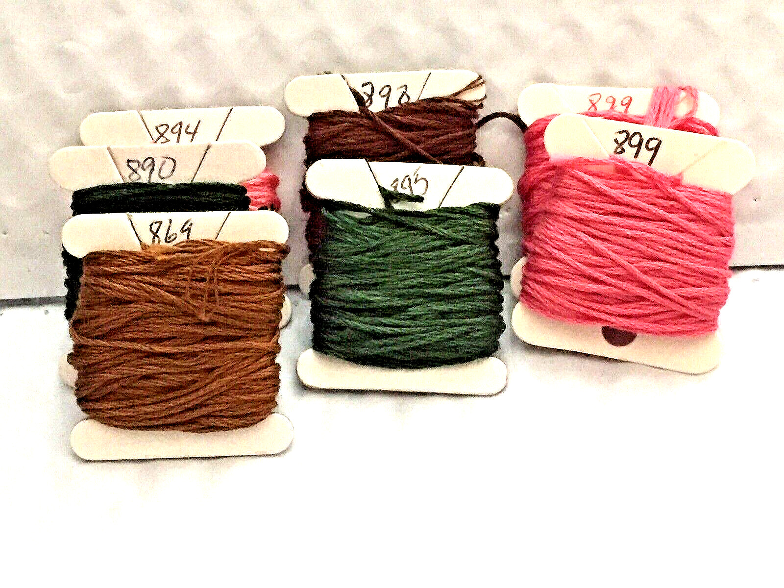Lot of 7 DMC Cross Stitch Floss Carded-# 869, 890, 894, 895, 898, 899x2