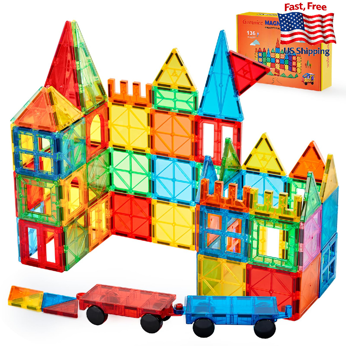 Gemmicc 136 PCS Magnetic Tiles Building Blocks Magnet Toys for Kids + 2 Cars