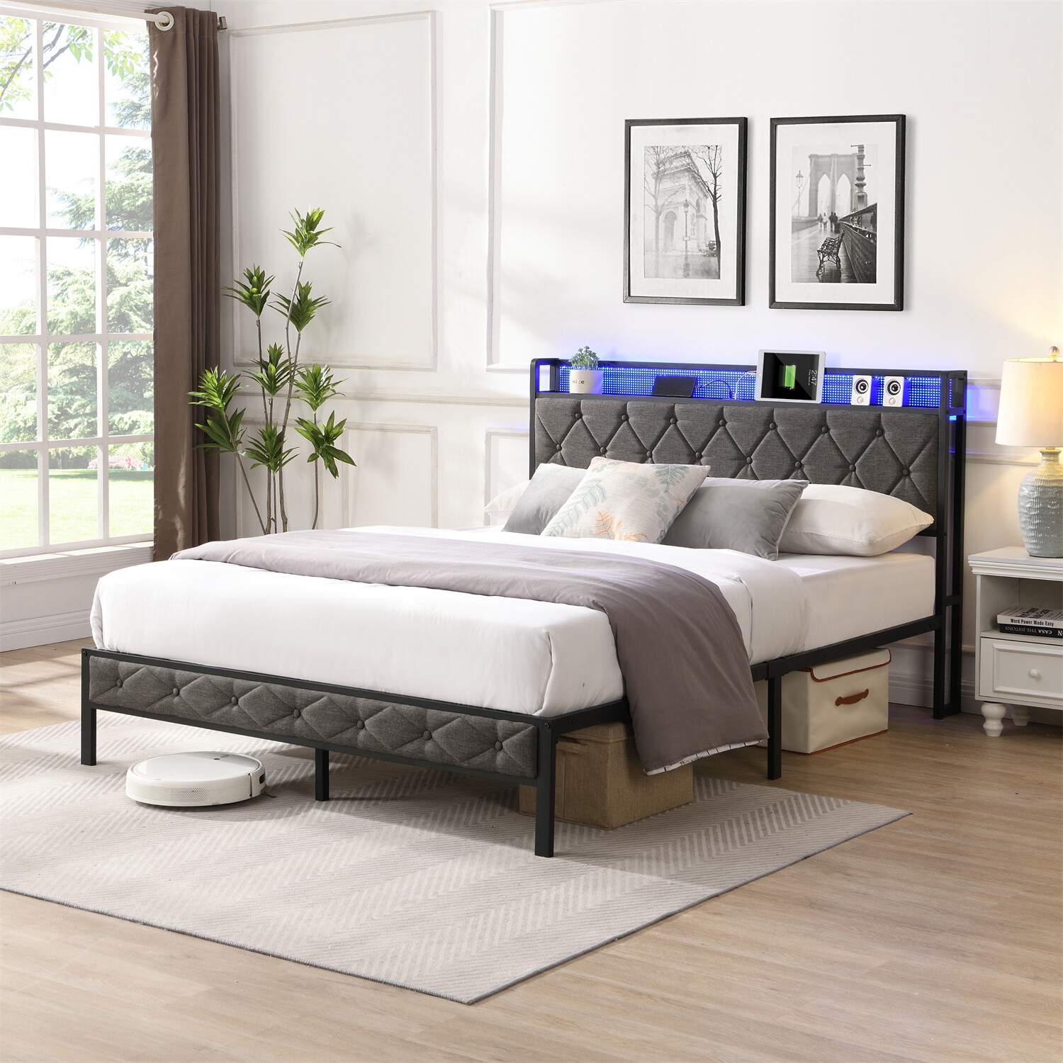Full Size LED Bed Frame w/ Headboard and USB Port Upholstered Platform Bed Frame