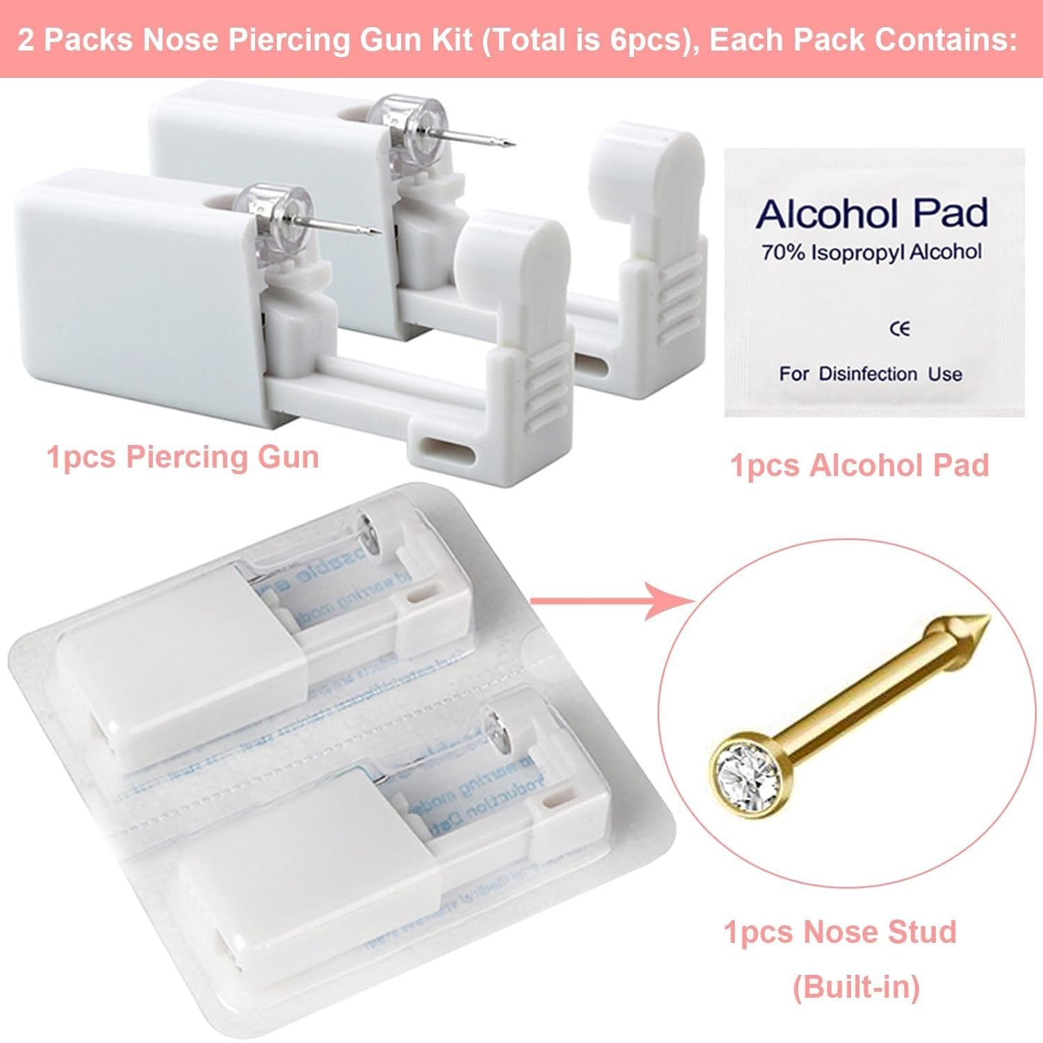 6Pcs Nose Piercing Kit Self Disposable Tool with Built-In Studs + Clean Set