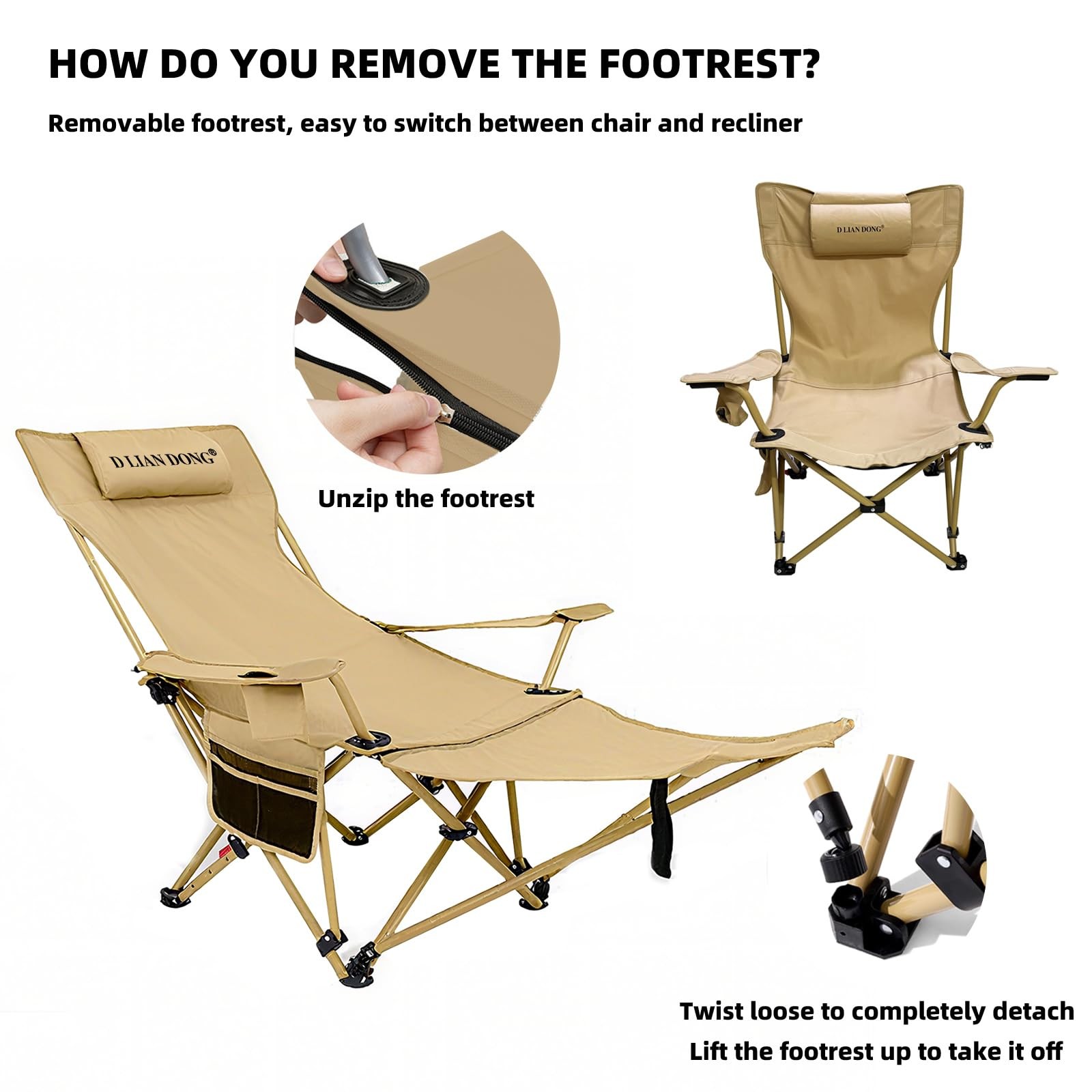 Reclining Camping Chair with Footrest, 4-Position Adjustable Back Folding Lou...
