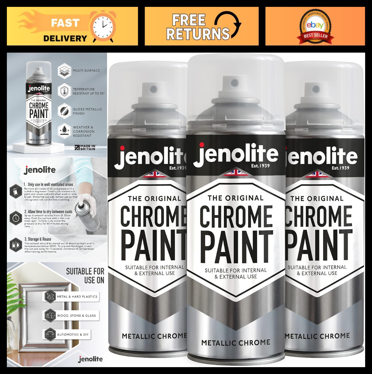Chrome Spray Paint - Smooth Finish for Metal, Plastic & More - Multi-Surface, 3x