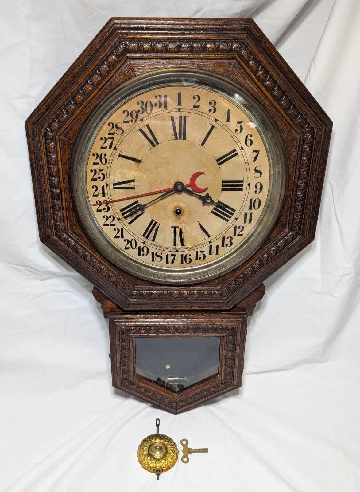 Antique Sessions Clock CO. "Patchen" Oak Calendar Wall Clock