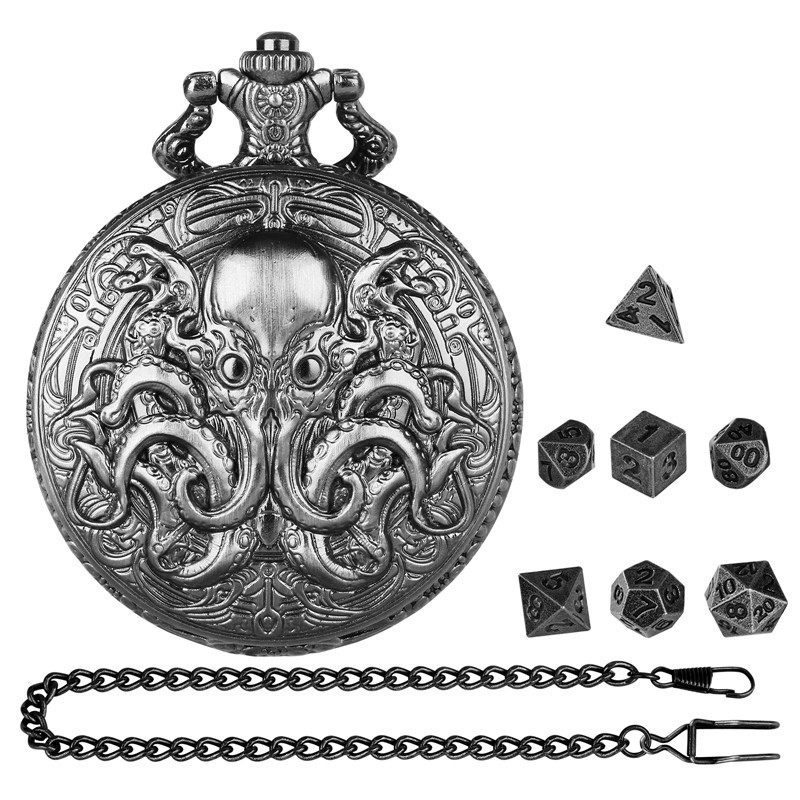 7pcs Solid Metal Polyhedral DND Dice Set in Octopus Pocket Watch Case with Chain