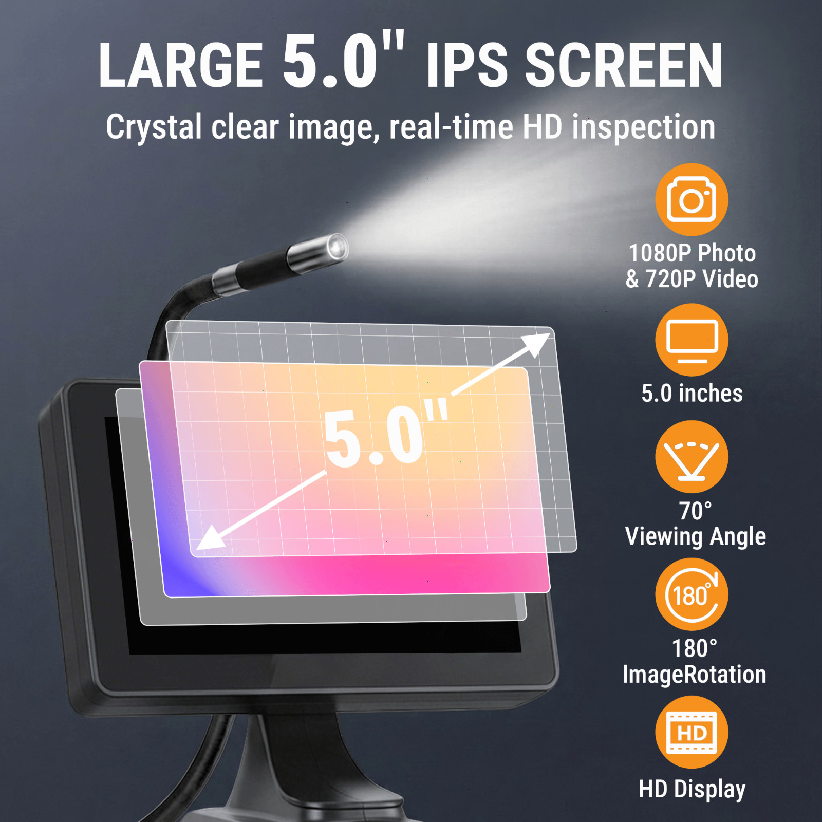 360° Articulating Borescope Camera, 6.2mm Borescope Endoscope with 5" IPS Screen